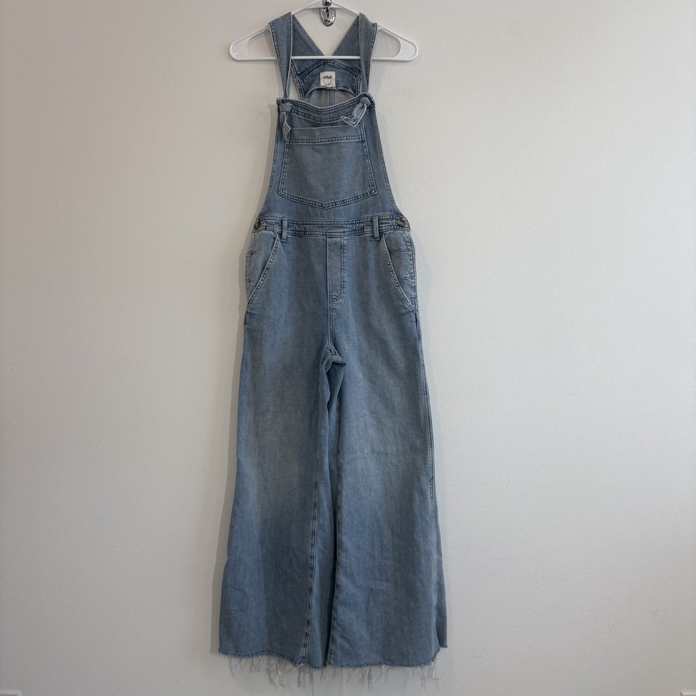 Aerie Wide Leg Overalls Womens M Blue Denim Frayed Hem Adjustable Casual Relax